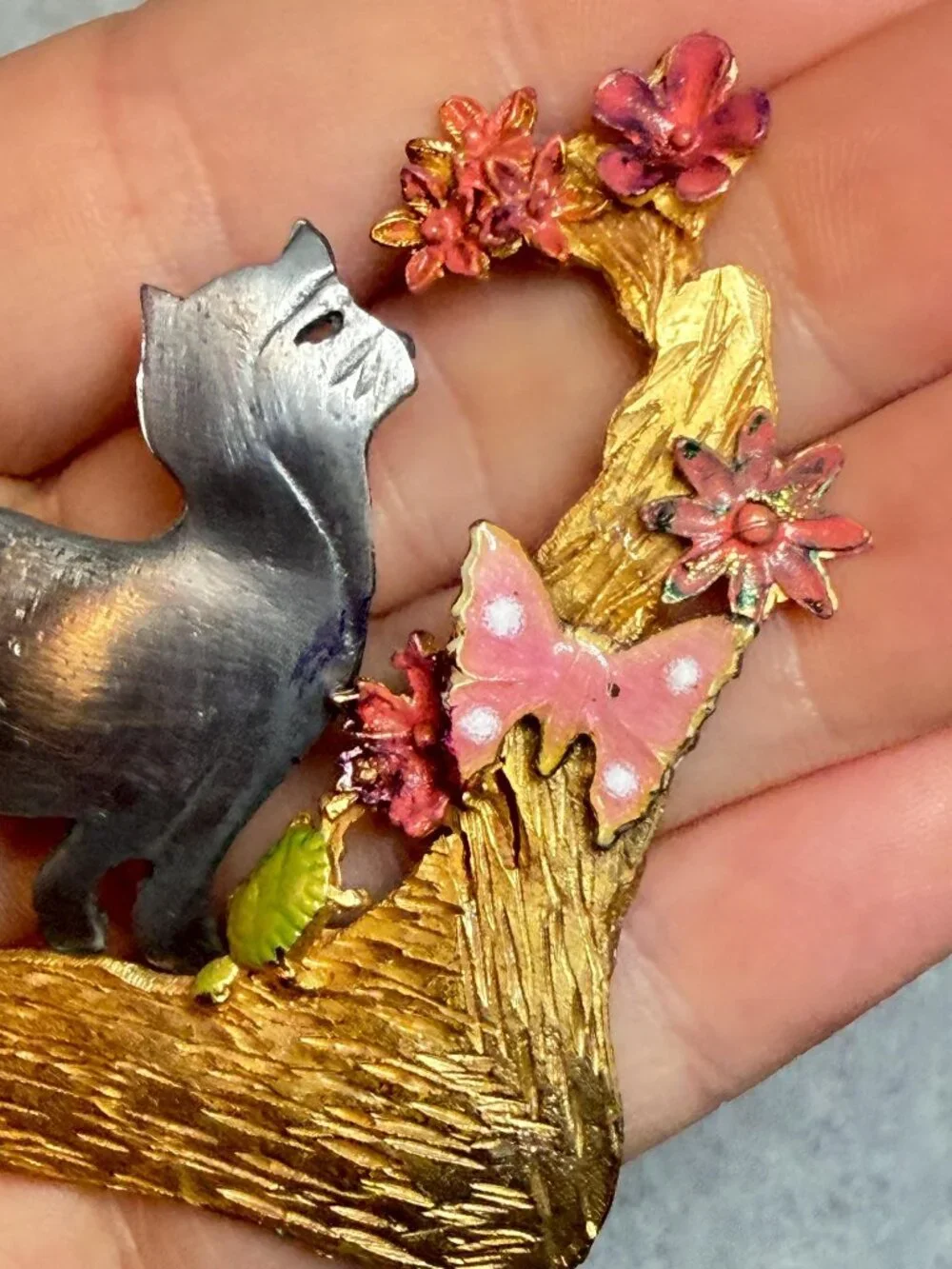 OOAK Ultra Craft Cat Brooch Upcycled Branch Flowers Butterfly Vintage 2.75 inche